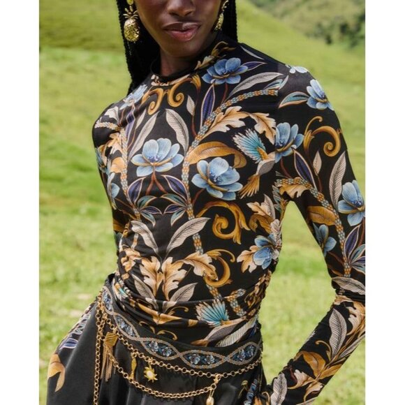 Farm Rio Black Flowerful Garden Jersey Blouse Womens S Mesh Floral Boho Chic - Picture 1 of 8